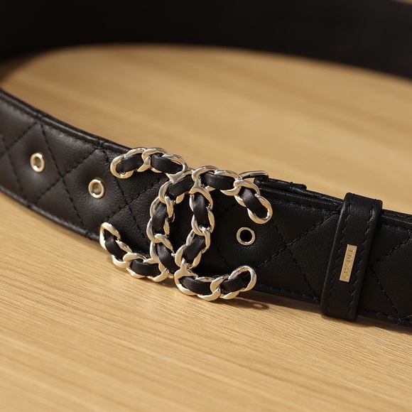 CHANEL Black Quilted Belt with Silver Logo